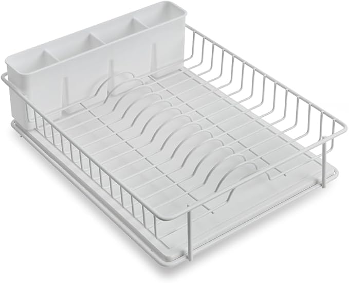 SunnyPoint 304 Stainless Steel Dish Drying Rack with Diatomaceous Earth Drainboard & Removable Utensil Caddy – Rust Resistant Countertop Dish Rack for Kitchen (White)