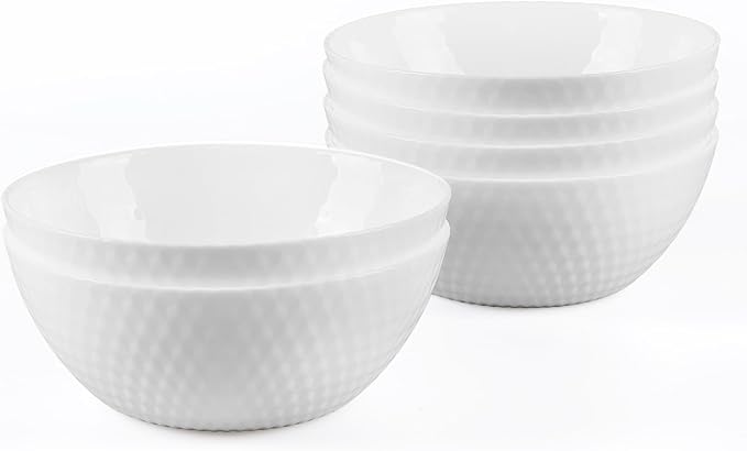 20 OZ Max White Opal Glass Cereal Bowl Set of 6, 6 inch Dishwasher & Microwave Safe Round Geometric Faceted Bowls for Kitchen, Salad, Soup and Rice