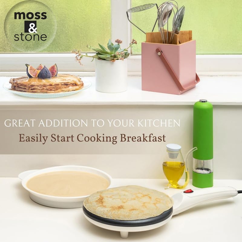 Moss & Stone Electric Crepe Maker 8 Inch, Portable Crepe Maker & Hot Plate Cooktop On/Off Switch, Nonstick Coating, Automatic Temperature Control, Easy To Use For Pancakes, Blintz, Chapati