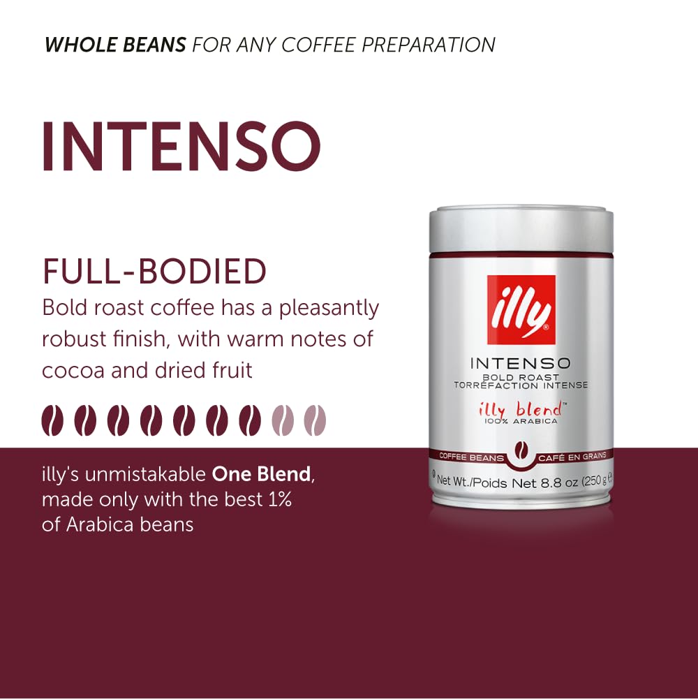 Illy Whole Bean Coffee, Intenso Bold Roast - Bold & Flavorful - 100% Arabica - Whole Beans - Pressurized Packaging Sealed for Freshness - 8.8oz can (Pack of 6)