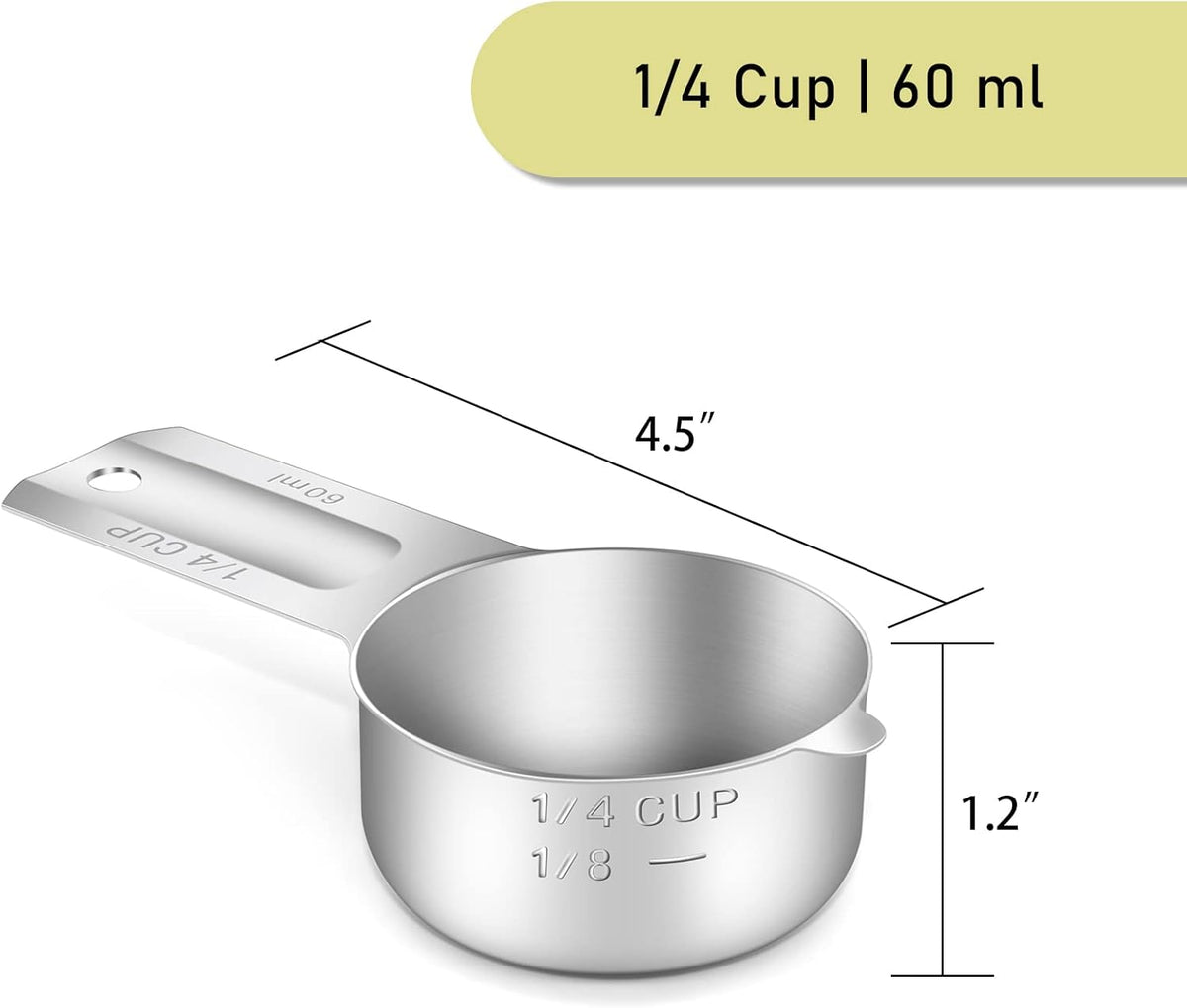 2PCS 1/4Cup (60ml, 2oz) Single Measuring Cup, Stainless Steel Measure Scoop, Metric and US Measurement, Dishwasher Safe