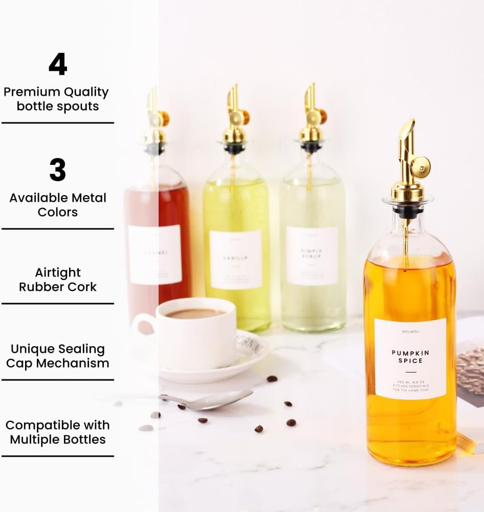 Molimoli Liquor Pour Spout Made of Stainless Steel with Automatic Anti-Oxidation Mechanism, Bottle Pourers for Alcohol, Olive Oil Dispenser Spout, Wine Pourer Spout, Oil Bottle Spout, Pack of 4, Gold