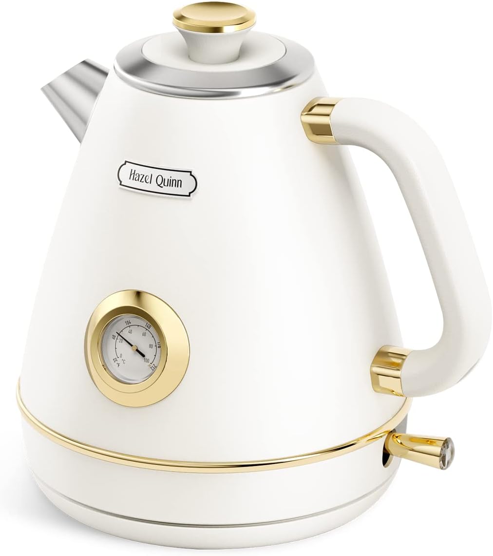 Hazel Quinn Retro Electric Kettle - 1.7 Liters / 57.5 Ounces Tea Kettle with Thermometer, All Stainless Steel, 1200 Watts Fast Boiling, BPA-free, Cordless, Automatic Shut Off - Pearl White