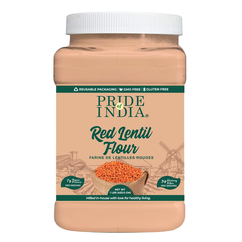 Pride of India- Red Lentil Flour 1 lbs (454 gm) Hint of Sweetness Slightly Nutty Earthy Flavor Freshly Milled in Small Batches |Ideal for Cakes Sauces Pasta Crepes Meatballs | Vegan, Gluten Free