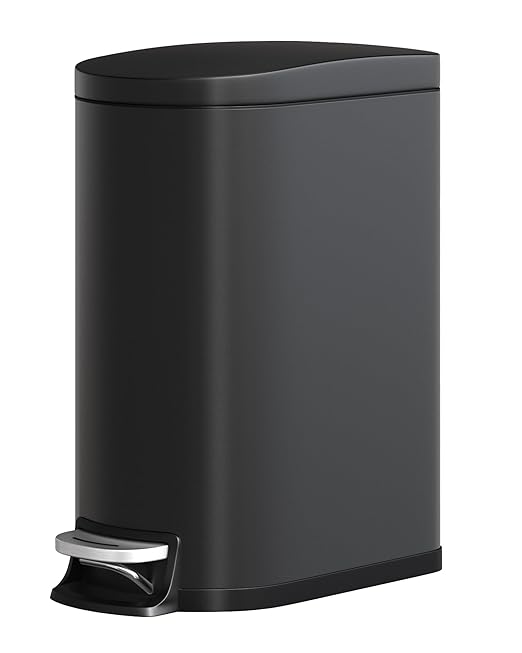 GarveeHome 13 Gal / 50 L Stainless Steel Kitchen Trash Can with Lid, Slim Step-On Garbage Bin, Large Rustproof Metal Trash Can with Soft Close, Inner Bucket & Rear Handle, Black