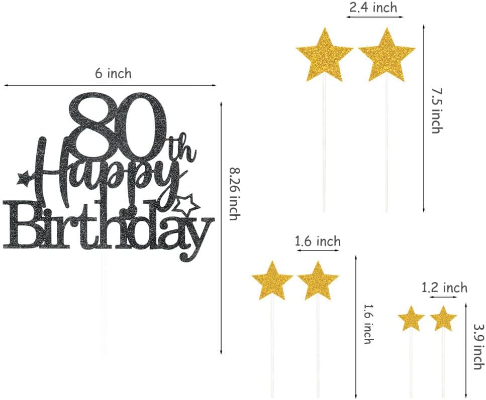 Glittery 80th Happy Birthday Cake Topper with Star,Personalised 80 Birthday Cake Toppers Party Decorations Party Supplies for Men Women Black Gold