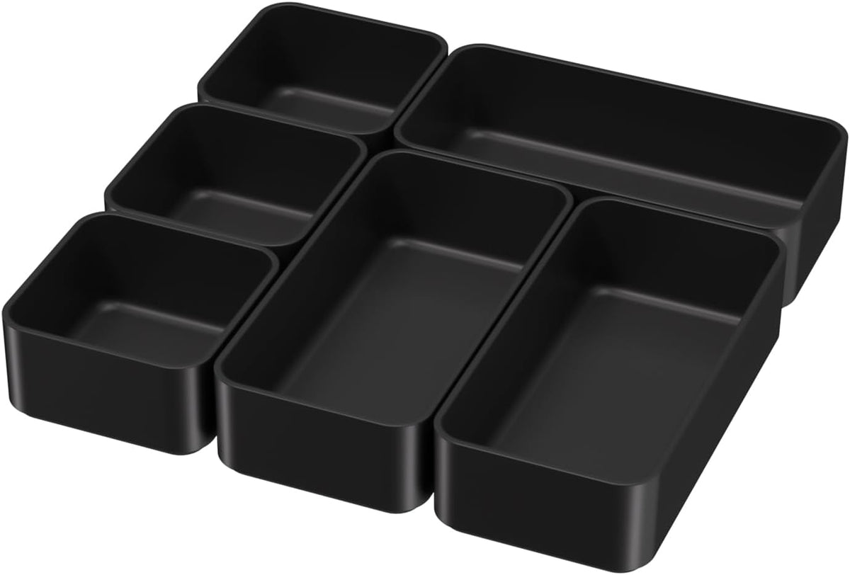 6 Pcs Stackable Drawer Organizer Set Desk Drawer Dividers, Bathroom Vanity Cosmetic Makeup Trays , Multipurpose Plastic Storage Bins for Jewelries, Kitchen Gadgets and Office Accessories, Black