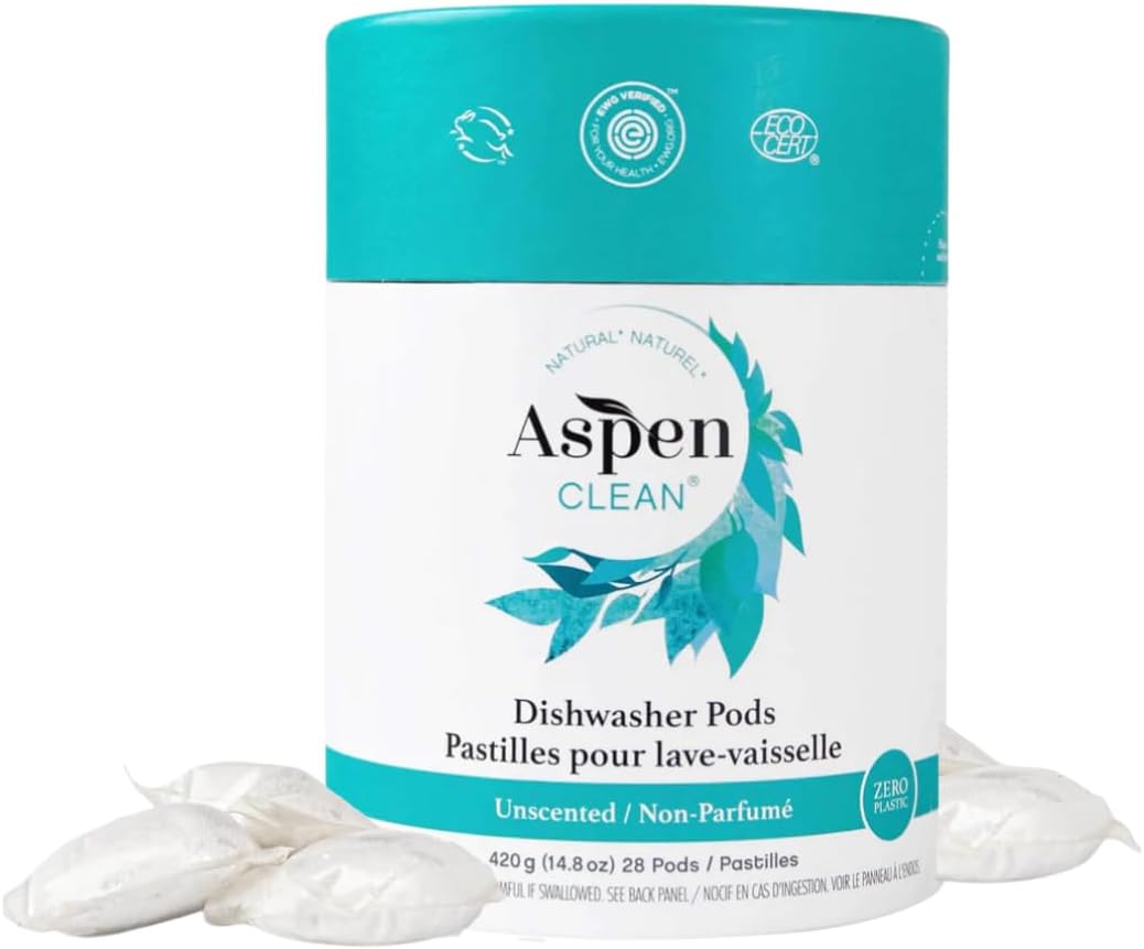 Unscented Dishwasher Pods by AspenClean, Dye-Free, Zero Plastic, EWG Verified™, Vegan, Eco-Friendly, Natural Dishwasher Detergent - 28 Count