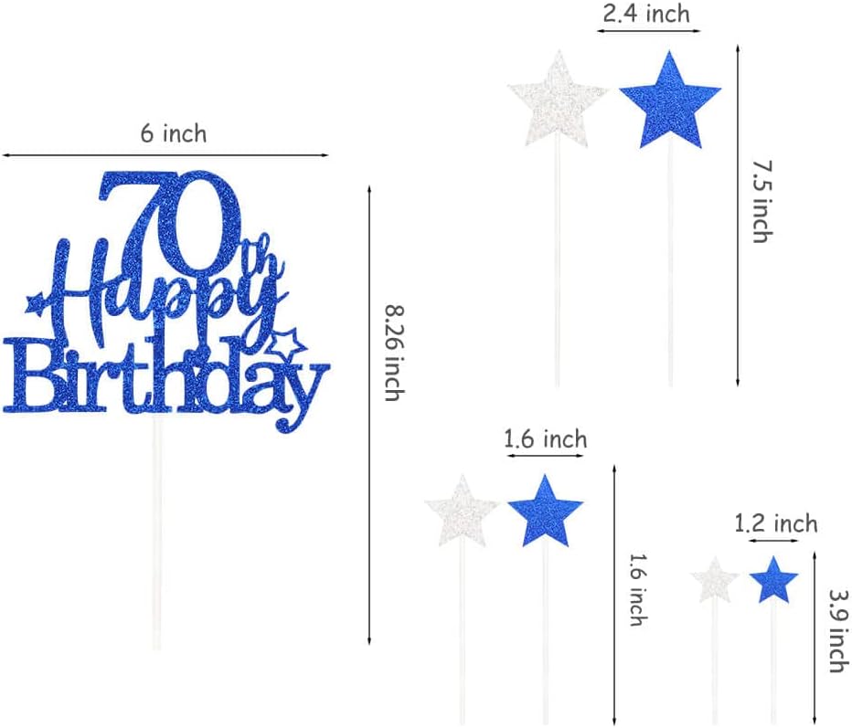 Glittery 70th Happy Birthday Cake Topper with Star,Personalised 70 Birthday Cake Toppers Party Decorations Party Supplies for Men Women Blue