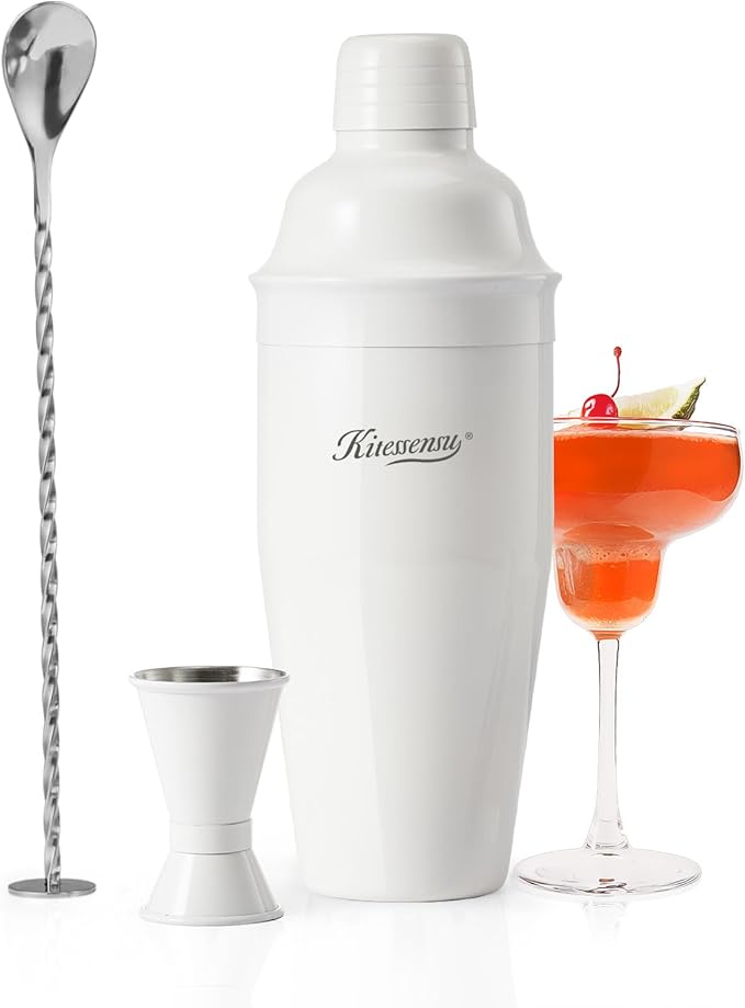 KITESSENSU Cocktail Shaker Set, Stainless Steel Martini Shaker with Bartender Strainer, Measuring Jigger, Bar Mixing Spoon, Cocktail Recipe Included, White