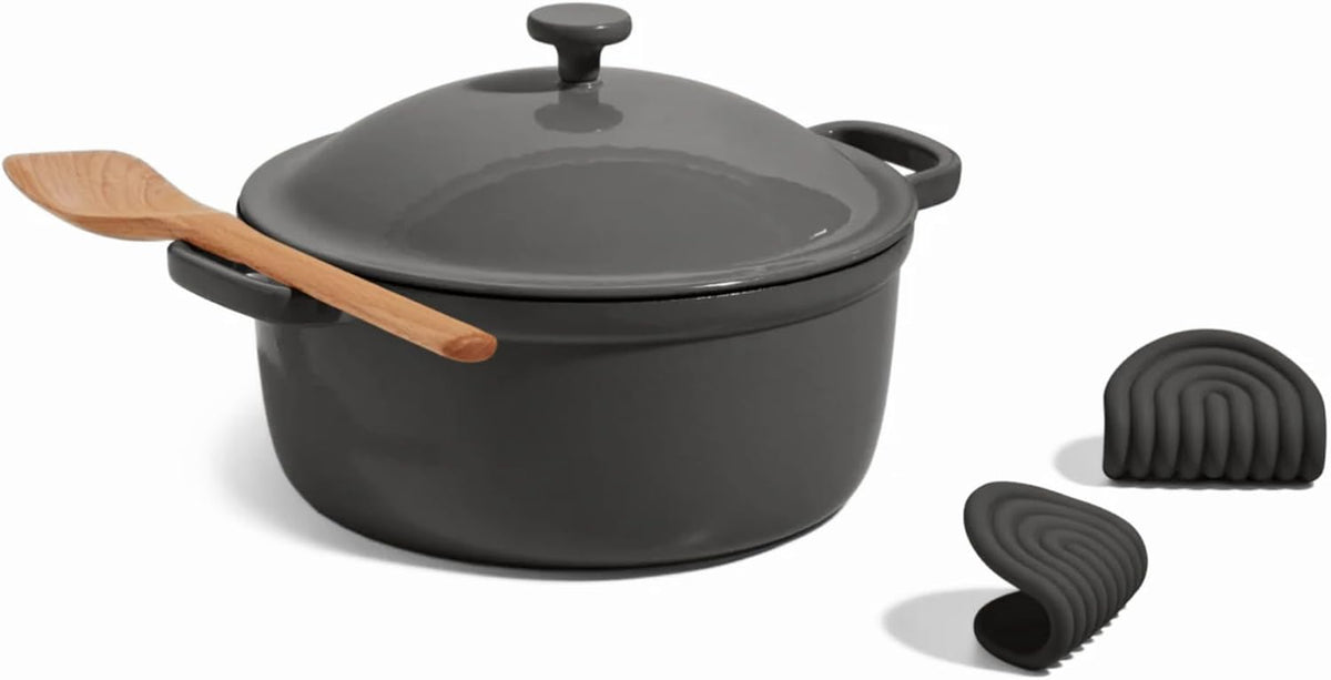 Our Place Cast Iron Perfect Pot | 6-in-1 Multifunctional 5.5 Qt. Toxin-Free Enameled Dutch Oven with Self-Basting Lid | Hot Grips & Beechwood Scraper | Induction Cooktop and Oven Safe | Char