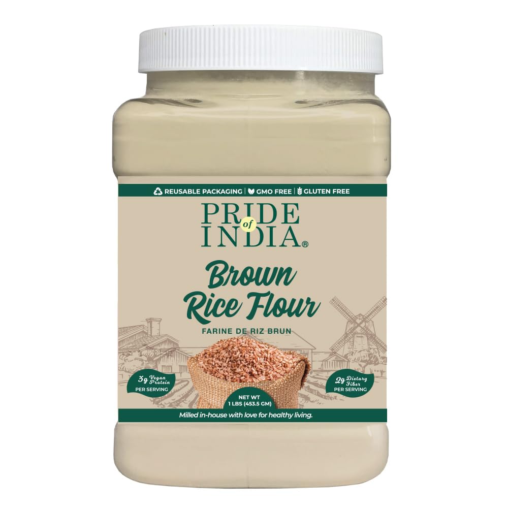 Pride of India- Brown Rice Flour 1 lbs (454 gm) Slightly Nutty Earthy Taste Milled in Small Batches | Ideal for Cakes Soups Noodles Dumplings Pastries Fritters | Vegan, Gluten-Free