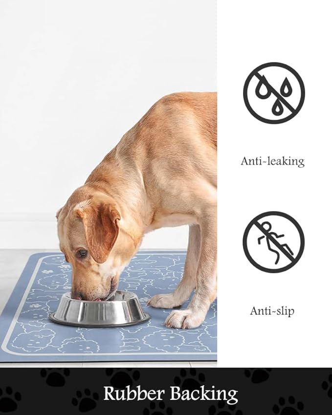 Pet Feeding Mat-Absorbent Dog Mat for Food and Water Bowl-No Stains Quick Dry Water Dispenser Mat-Dog Accessories Pet Supplies-Bowl for Messy Drinkers（BLUEDOGS,17"x34"
