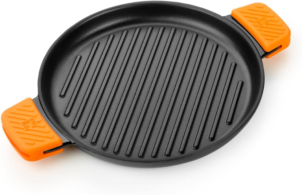 BRA COOKWARE Efficient Iron Round Ribbed Grill | 12.6 inches Cast Iron Round Griddle | All Heat Sources Compatible | PFOA Free | Without Non-Stick | Silicon Handle | Non Deformable