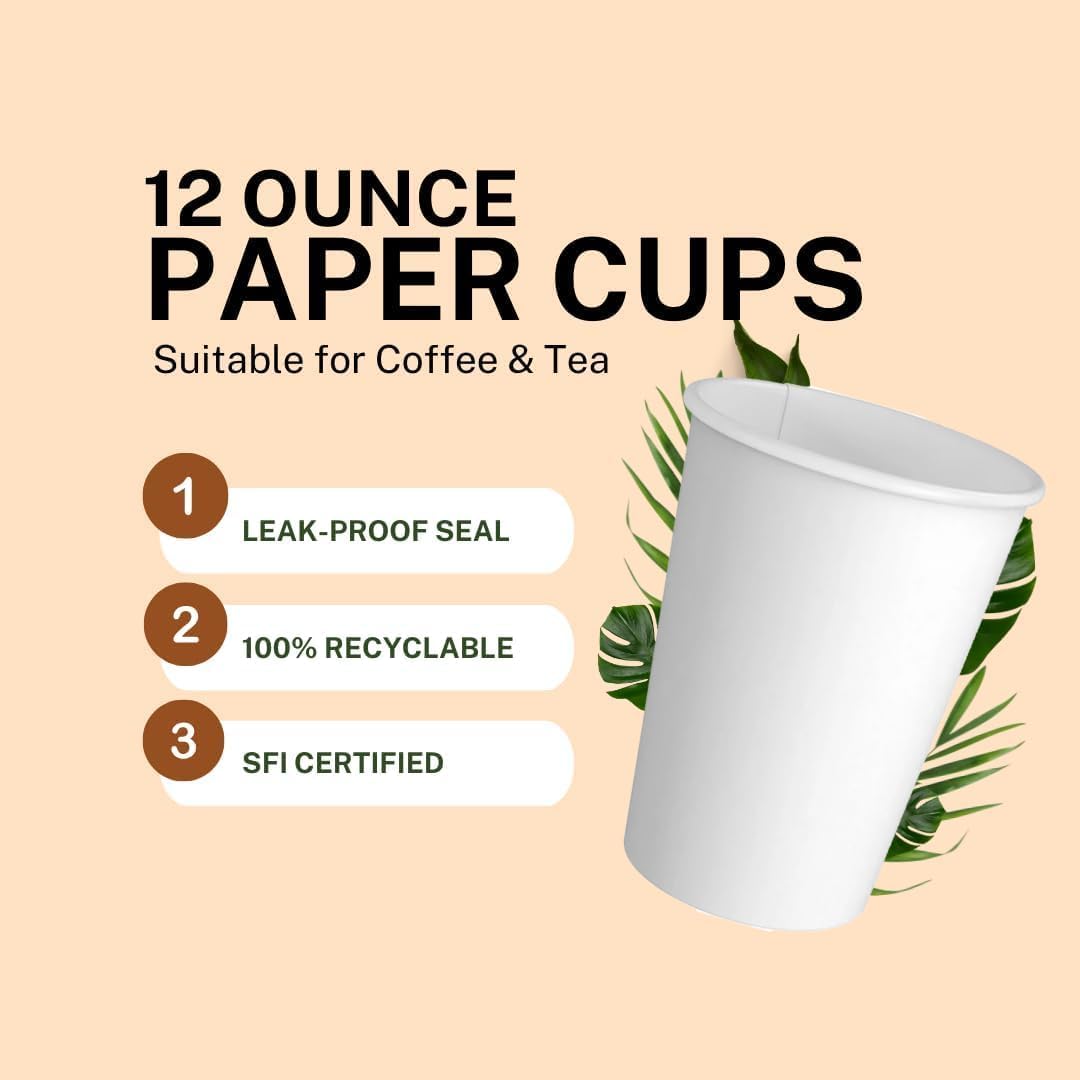 Made-In-USA 12 Ounce Disposable Hot Paper Cups, 1000 Count, 12oz | Coffee Cups, Leak-Free Food Safe Paper Cups, White Paper Cups for Hot Drinks (12 oz)