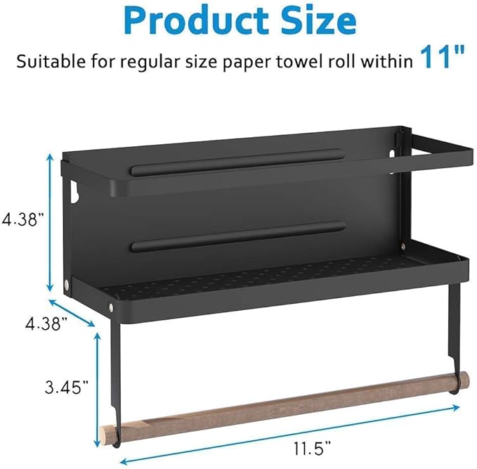 Thipoten Magnetic Spice Rack, 2-in-1 Foldable Strong Magnetic Shelf with Paper Towel Holder, Perfect Space Saver for Small Kitchen/Apartment, Easy to Install on the Side of Refrigerator(Black)