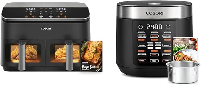 COSORI Dual Basket 9 Qt Air Fryer and 10 Cup Rice Cooker with Steamer, Sauté, Slow Cooker