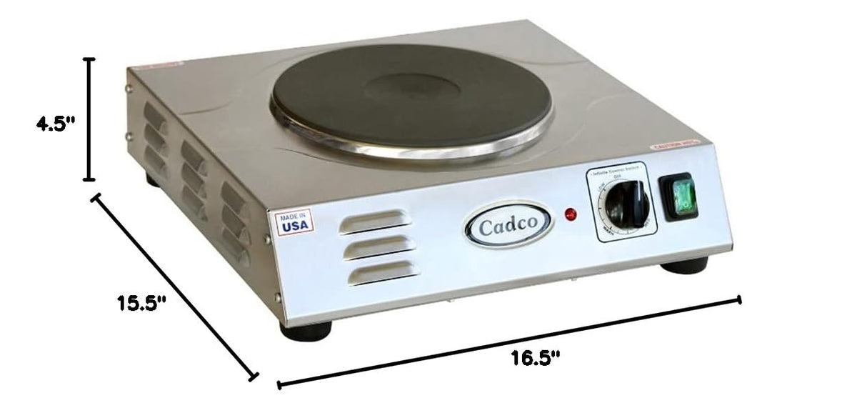 Cadco LKR-220 15-1/2" Electric Portable Countertop Hot Plate, (1) Cast Iron Burner for Restaurant Hotel Food Truck Concession Kiosk, Stainless Steel, 220v