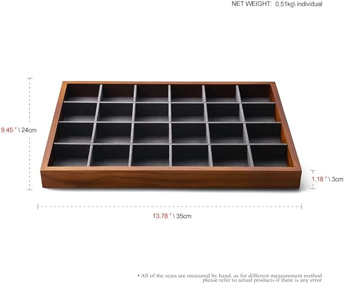 Oirlv 24 Grid Wood Jewelry Tray Microfiber Interior Jewelry Drawer Organizer Showcase Display Box Ring Earrings Holder(Grey)