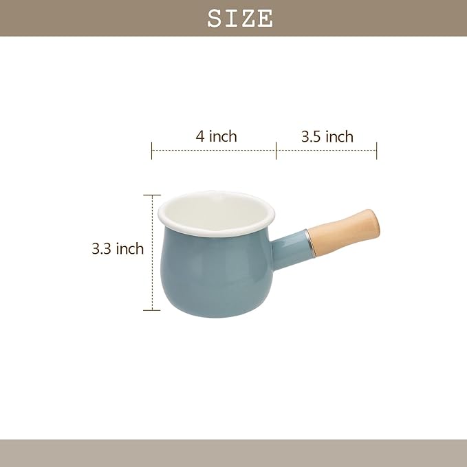 Enamel Milk Pot, Butter Warmer Non-stick Mini Saucepan, 4 Inch 17 Oz Small Cookware with Wooden Handle(Sky Blue)