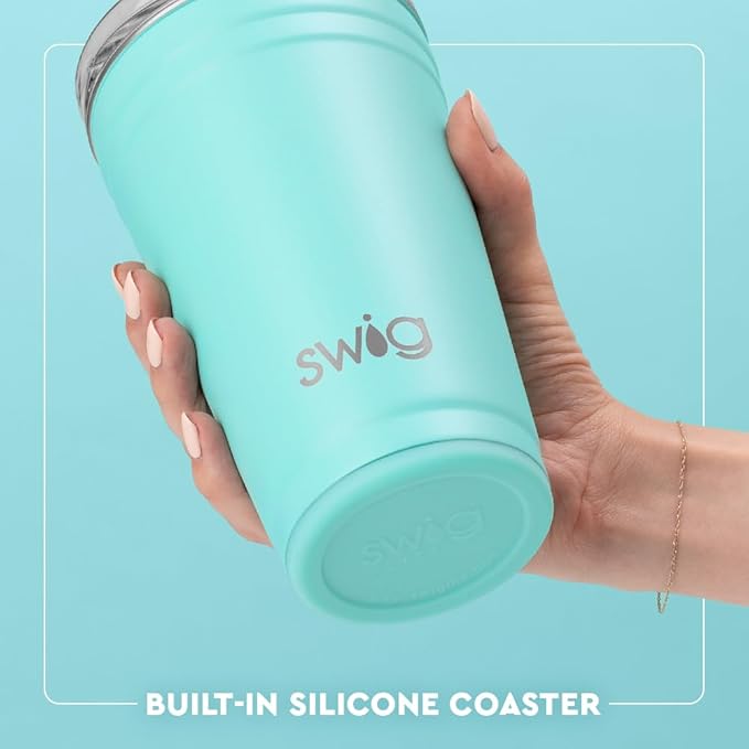 Swig Life 24oz Party Cup, Stackable Insulated Travel Coffee Tumbler with EZ Slider Lid, Cup Holder Friendly, Stainless Steel 24 oz Tumbler, Reusable Coffee Mug (Granny Squares)