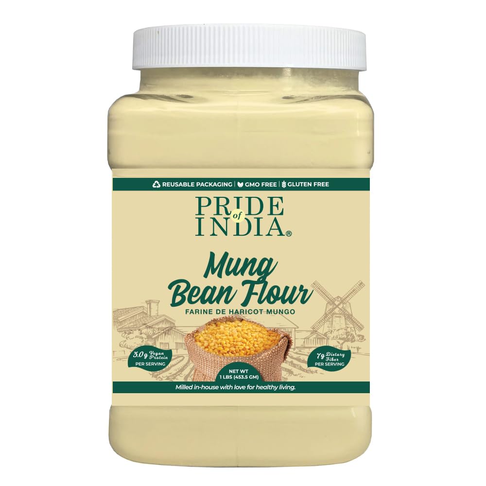 Pride of India- Mung Bean Flour 1 lbs (454 gm) Nutty Slightly Sweet Earthy Taste Freshly Milled in Small Batches | Used for Cooking Baking Binding Agent | Vegan, Gluten-Free