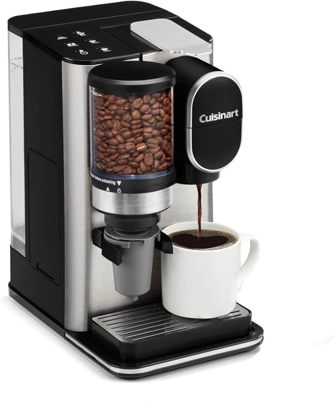 Cuisinart Single-Serve Coffee Maker + Coffee Grinder with 8, 10, and 12 oz. Serving Size, Compatible with Single-Cup Pods, 48-Ounce Removable Reservoir, Stainless Steel, DGB-2SS