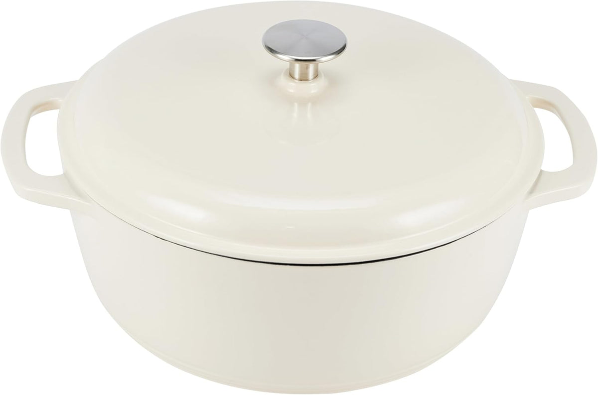 Amazon Basics Cast Iron Dutch Oven Pot with Lid, Enameled, Round, Dual Handles, Heavy-Duty, Medium, 6-Quart, White