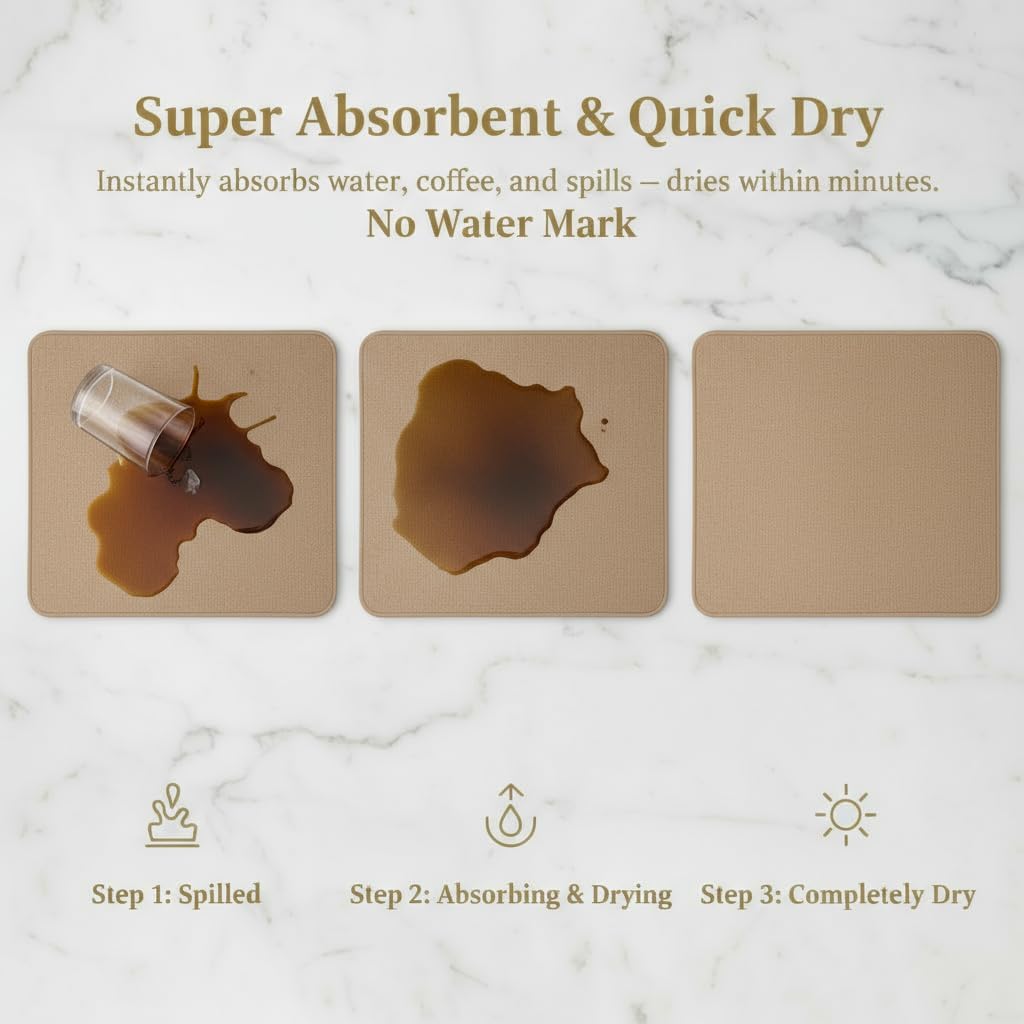 Dish Drying Mat Super Absorbent – 16" x 18" Coffee Mat for Countertops – Non-Slip Drying Mat for Kitchen Counter – Easy to Clean Water Absorbent Mat – Large Dish Drying Mats (Brown)