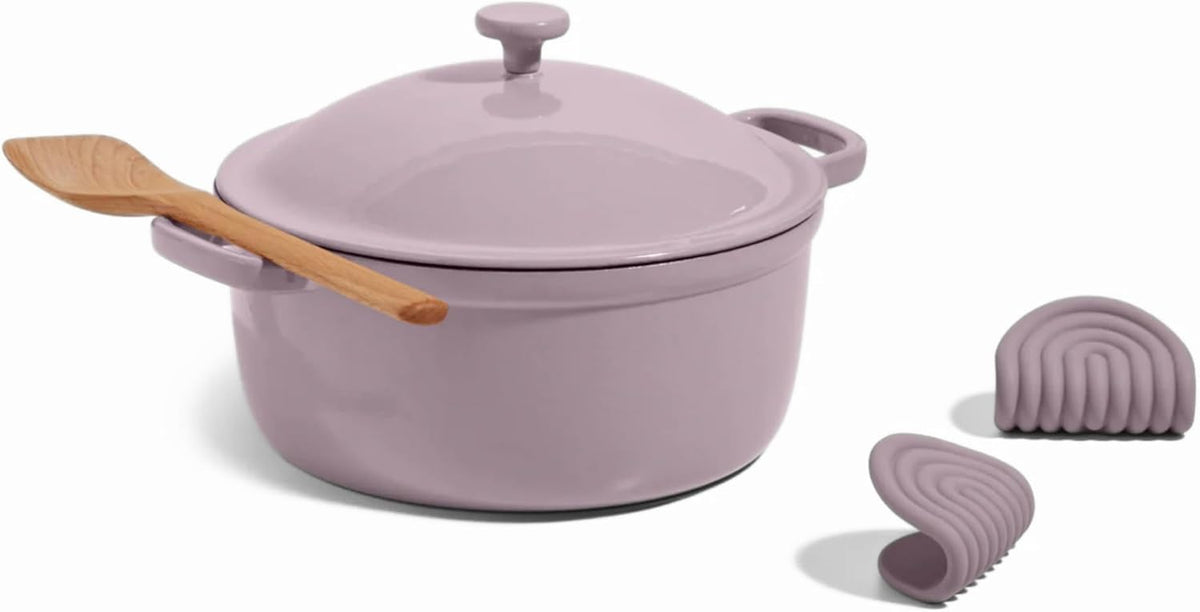 Our Place Cast Iron Perfect Pot | 6-in-1 Multifunctional 5.5 Qt. Toxin-Free Enameled Dutch Oven with Self-Basting Lid | Hot Grips & Beechwood Scraper | Induction Cooktop and Oven Safe | Lavender
