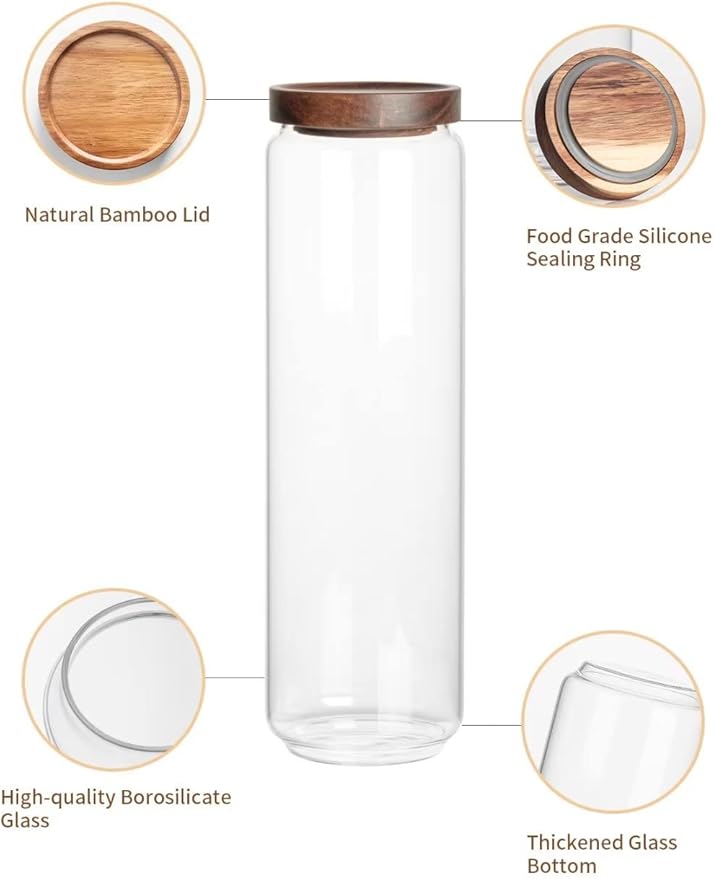 Kanwone Airtight Food Storage Containers Set of 3, 54 Ounce Glass Storage Containers with Bamboo lids, Clear Glass Canisters for Pantry, kitchen, Flour, Sugar, Tea, Coffee, Cookies, Spice and Herbs