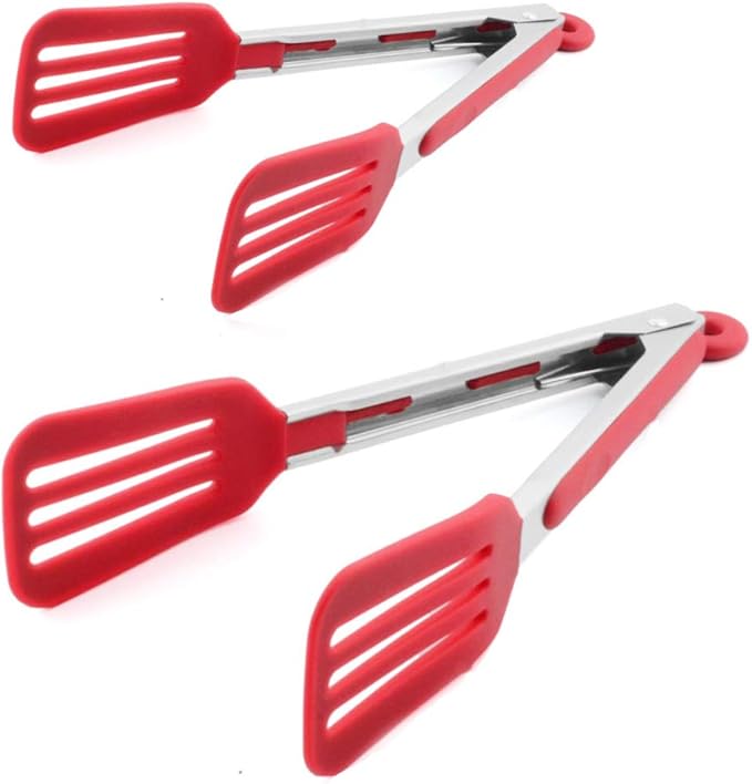 Cooking Tongs 9 inches and 12 inches Stainless Steel Kitchen Silicone Serving Tong Heat Resistant Meat Turner Spatula Tong Fish Tongs with Locking Handle Joint (Red)