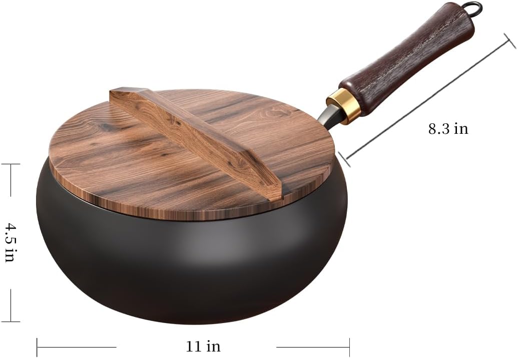 Carbon Steel Wok Pan, nitrided woks Uncoated Heats Evenly Multi-Purpose Frying Pan, Suitable for Any Stove, Oven or Even Camping Campfire with Lid and Wooden Handle