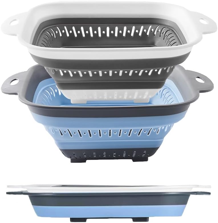 Collapsible Colander Set, Square Round Triangles Silicone Kitchen Strainer Perfect for Draining Pasta Vegetable fruit 2 PCS (10.8"L x 8.6"W x 2"H, Blue & Gray)