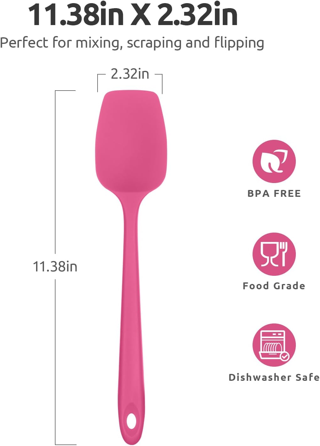 Heat Resistant Silicone Spoon Spatula: U-Taste 600ºF High Heat Flexible 11.38in Silicon Mixing Stirring Cooking Scraping Baking Bowl Scraper, Seamless for Kitchen Nonstick Cookware (Rosy Pink)
