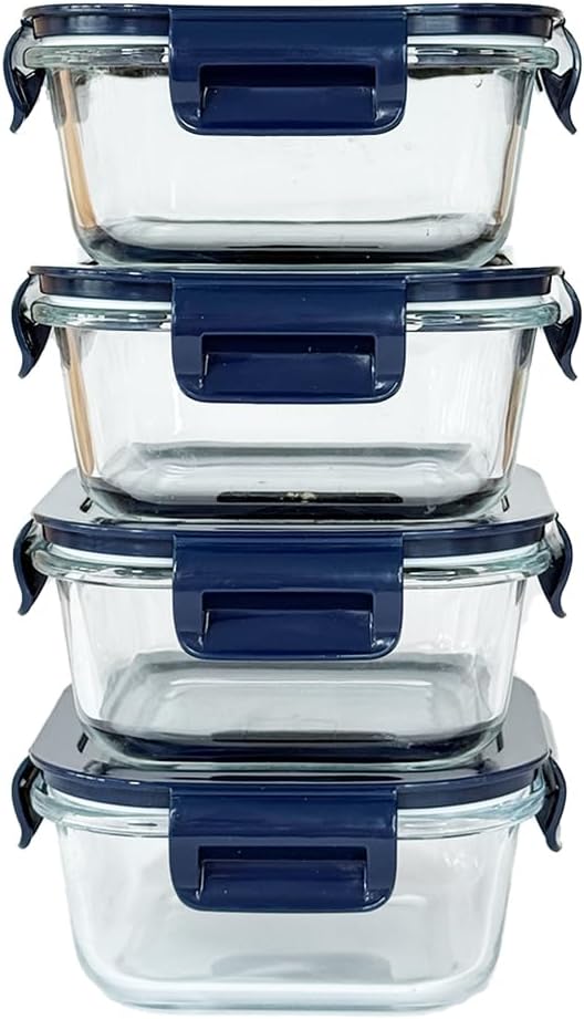 Square Glass Food Storage Containers With Lids，2 Cup Square Glass Containers With Lids, Small Food Containers, 16 oz Leak-proof lunch Bowls, Dishwasher Microwave Freezer Safe -(Dark Blue)