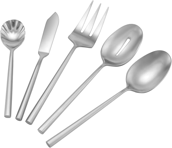 DEACORY Hexagon Serving Silverware Serving Set Flatware Set Cutlery Set Utensil Serving Set Stainless Steel Matte Silver 45 Pieces Service for 8