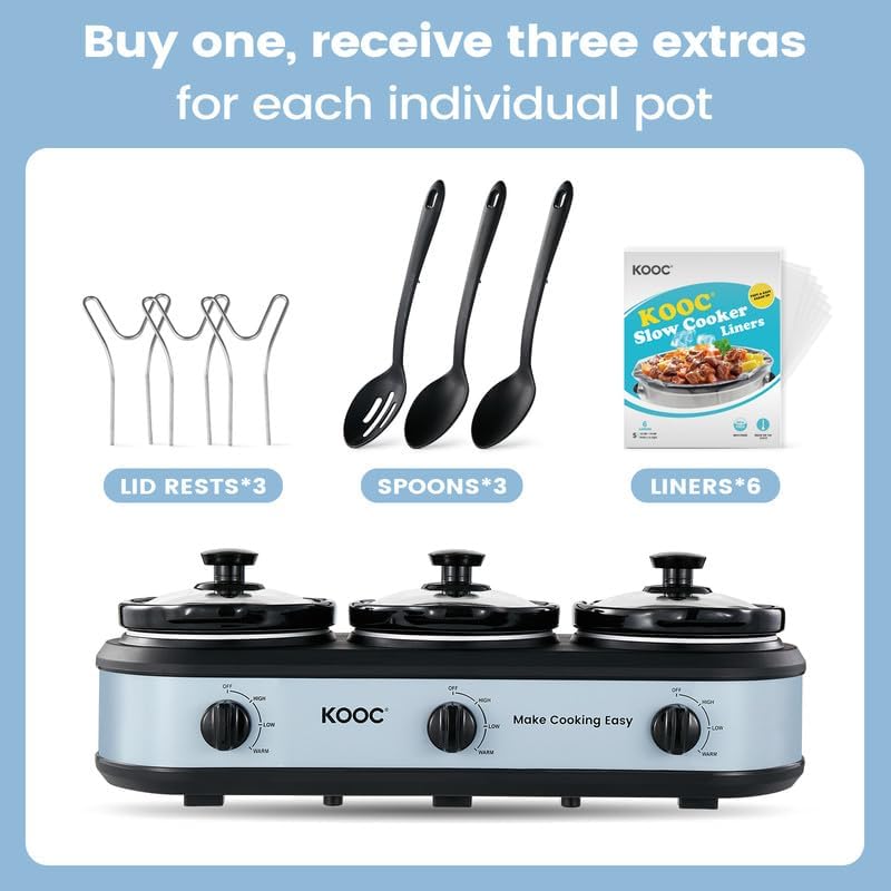 KOOC Triple Slow Cooker Buffet Server and Food Warmer 3x1.5 Quart Individual Temp Control With Lid Rests & Spoons With Liners Included Blue Grey