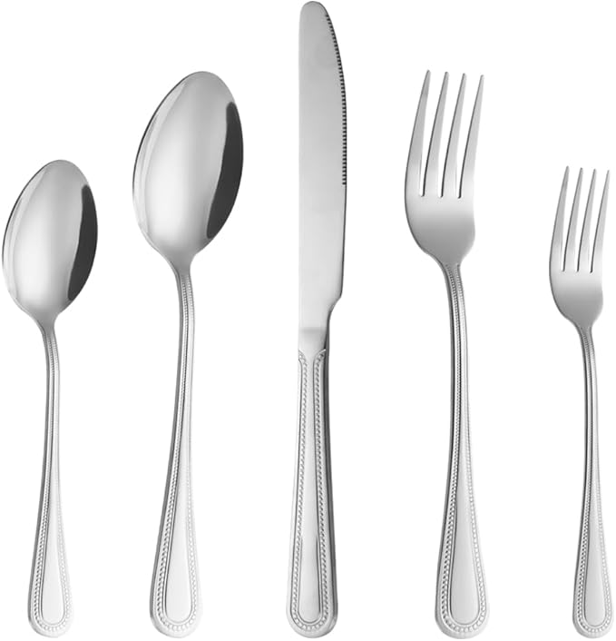 40 Pcs Silverware Set for 8 with Pearled Edge Handle design, Food Grade Stainless Steel Flatware Set, Eating Utensils Sets Include Fork/Knife/Spoon, Reusable Cutlery Set, Dishwasher Safe