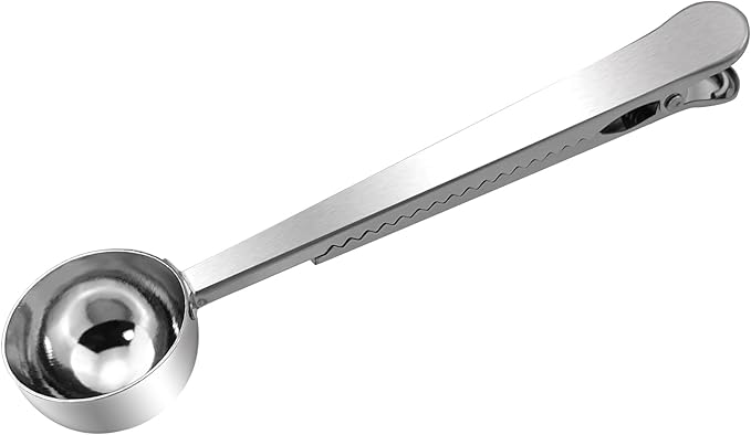 Quacc Stainless Steel Coffee Scoop with Bag Sealing Clip, 2-in-1 Coffee Measuring Scoop for Coffee Beans, Milk Powder, Loose Tea, Spices (Silver)
