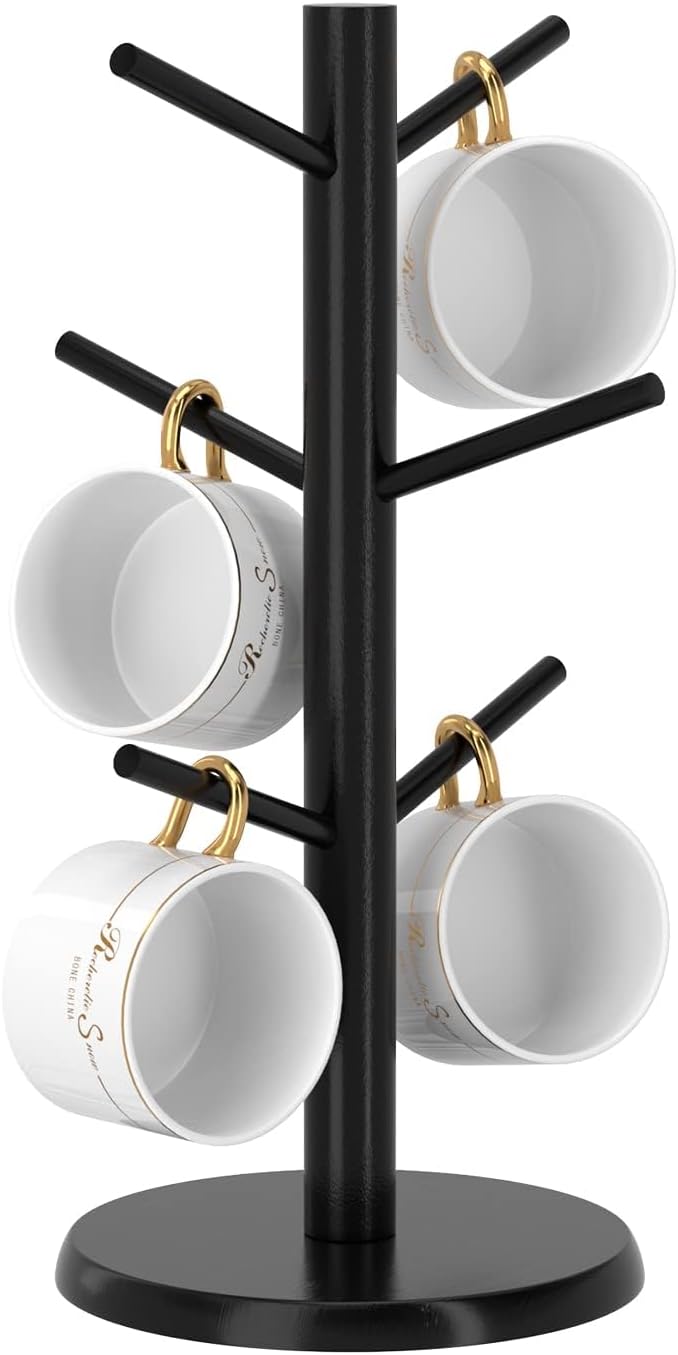 Wisuce Black Coffee Mug Tree, Updated Thick Bamboo Mug Holder Base,Coffee Cup Stand Mug Holders with 6 Hooks for Countertop Cup Rack Organizer Stand (Black)
