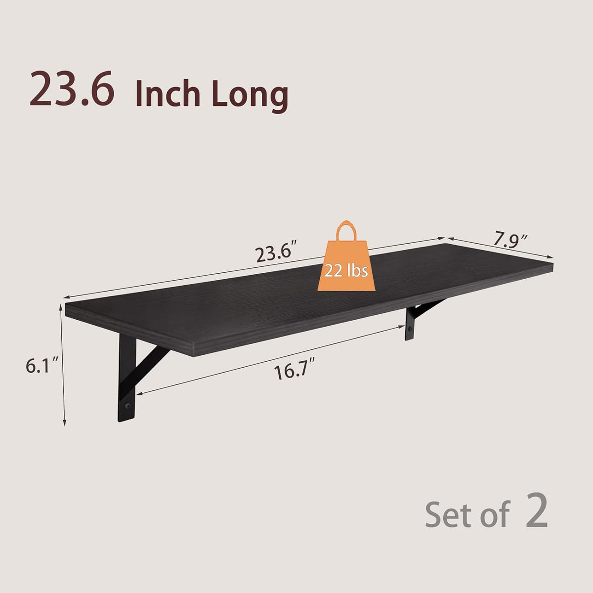 DINZI LVJ Long Wall Shelves, 23.6 Inch Wall Mounted Shelves Set of 2, Easy-to-Install, Wall Storage Ledges with Sturdy Metal Brackets for Living Room, Bathroom, Bedroom, Kitchen, Espresso