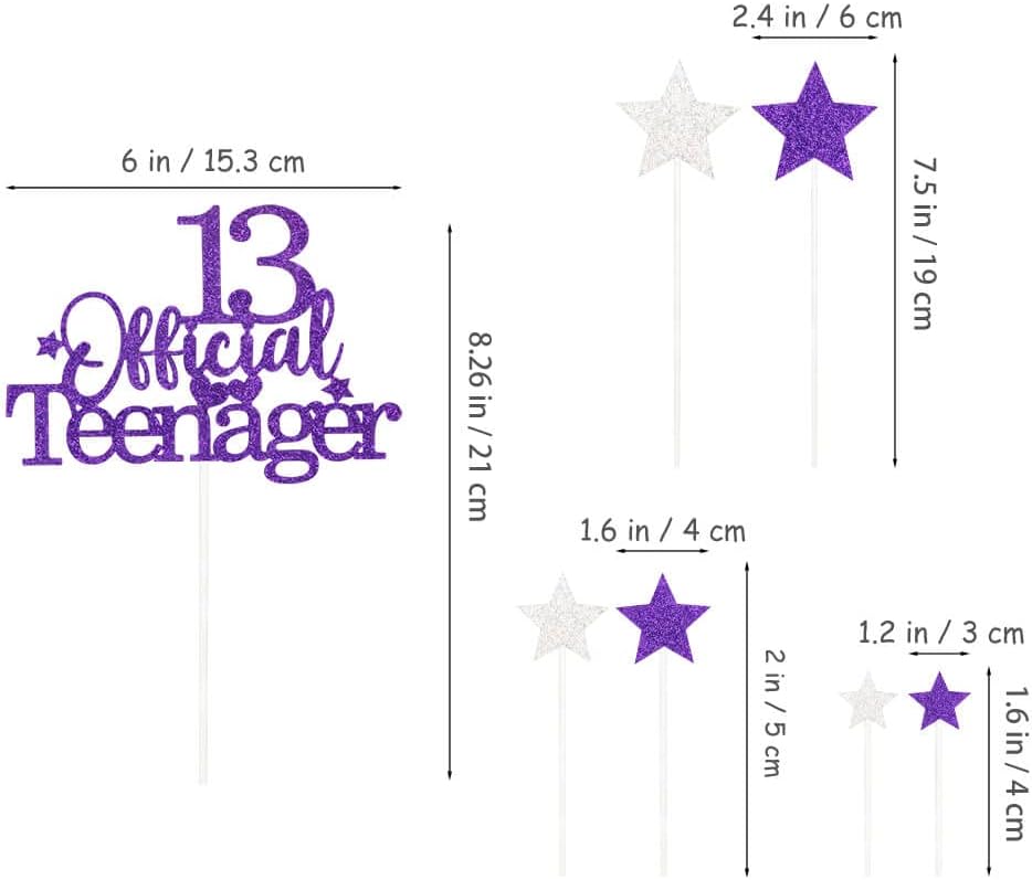 Glittery 13 Ofiicial Teenager Cake Topper with Star,13th Happy Birthday Cake Topper Party Decorations Party Supplies for Boys Girls Purple Silver