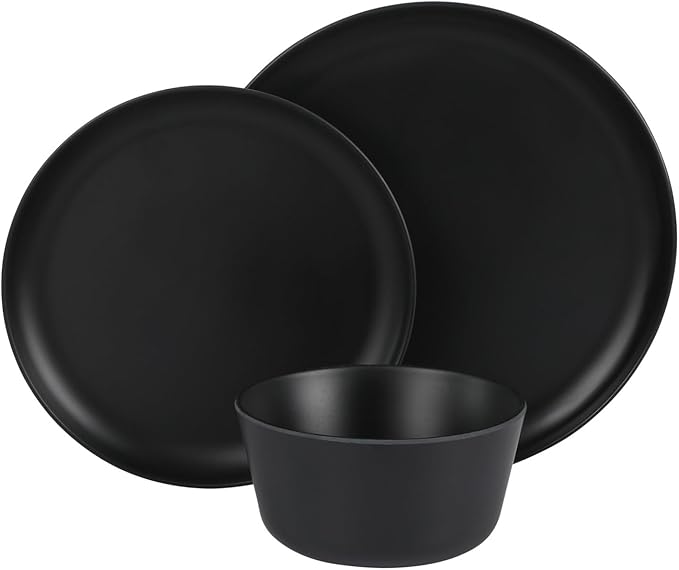 Gibson Home Fairhope 12-Piece Matte Black Melamine Dinnerware Set – Durable Lightweight Plates and Bowls, Kitchen Dining Set