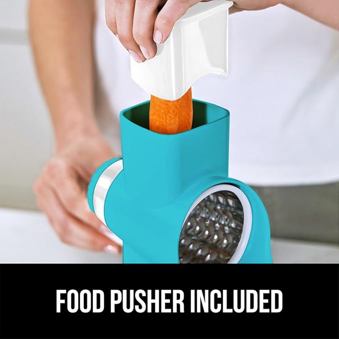 GORILLA GRIP BPA-Free Rotary Cheese Grater Hand Crank, Easy to Set Up, Strong Suction Base for Kitchen Countertop, Shred Potato, Vegetable, Nuts in Seconds, Round Mandoline Slicer, 3 Blades, Turquoise