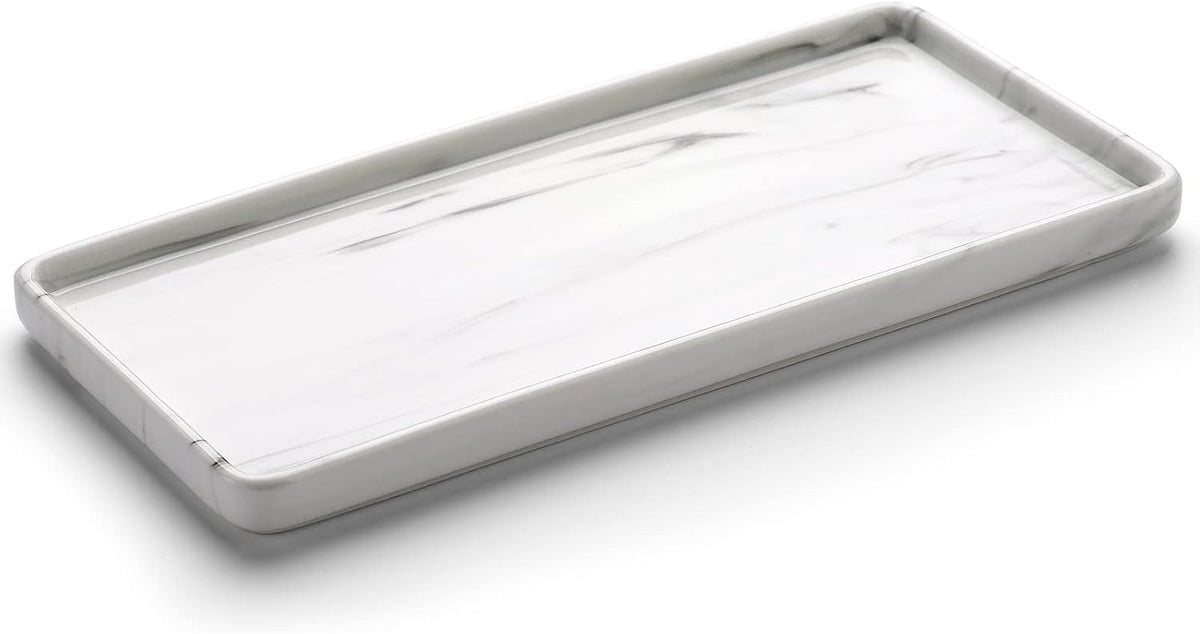 Gurygo 10" Bathroom Tray for Counter, Ceramic Vanity Trays for Bathroom, Small Rectangle Ceramic Trays, Kitchen Soap Ceramic Tray for Kitchen Counter, (Marble White, Set/1)