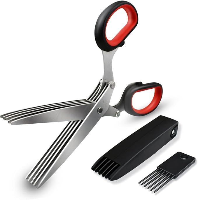 5 Blade Herb Scissors Kitchen Herb Shears Cutter Multipurpose Cutting Shear with 5 Stainless Steel Blades & Safety Cover & Cleaning Comb Salad Sizzors Cilantro Chive Parsley Onion Scissors (Black Red)