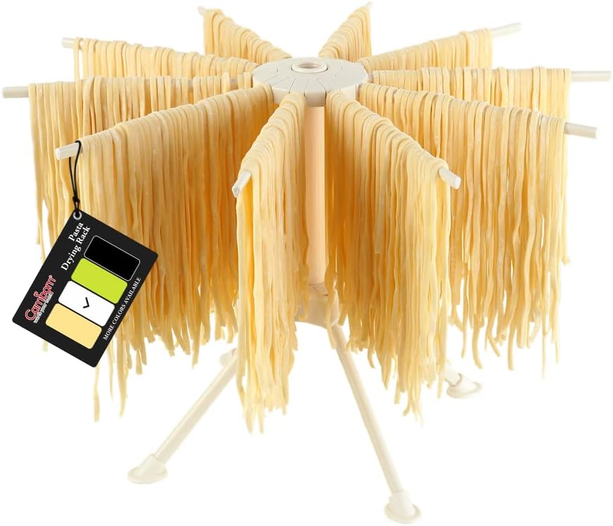 Cambom Collapsible Pasta Drying Rack - Spaghetti Noodle Drying Rack with 10 Bar Handles White