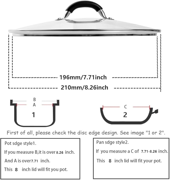 8 Inch Tempered Glass Lid for Lodge 8" Cast Iron Skillets & 2QT Dutch Ovens -Stainless Steel Handle and Rim (8 INCH LID)