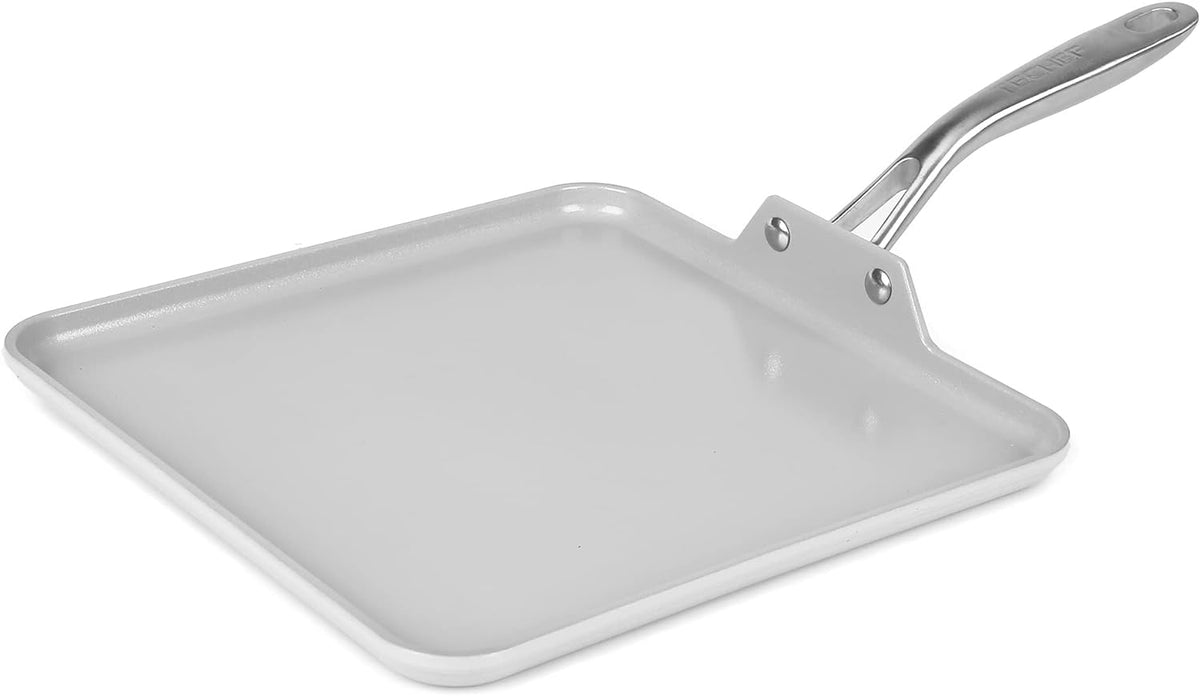 TECHEF - CeraTerra Ceramic Nonstick Square Griddle Pan (PTFE and PFOA Free Ceramic Exterior & Interior), Oven & Dishwasher Safe, Made in Korea, Grey/Silver (Griddle Pan)